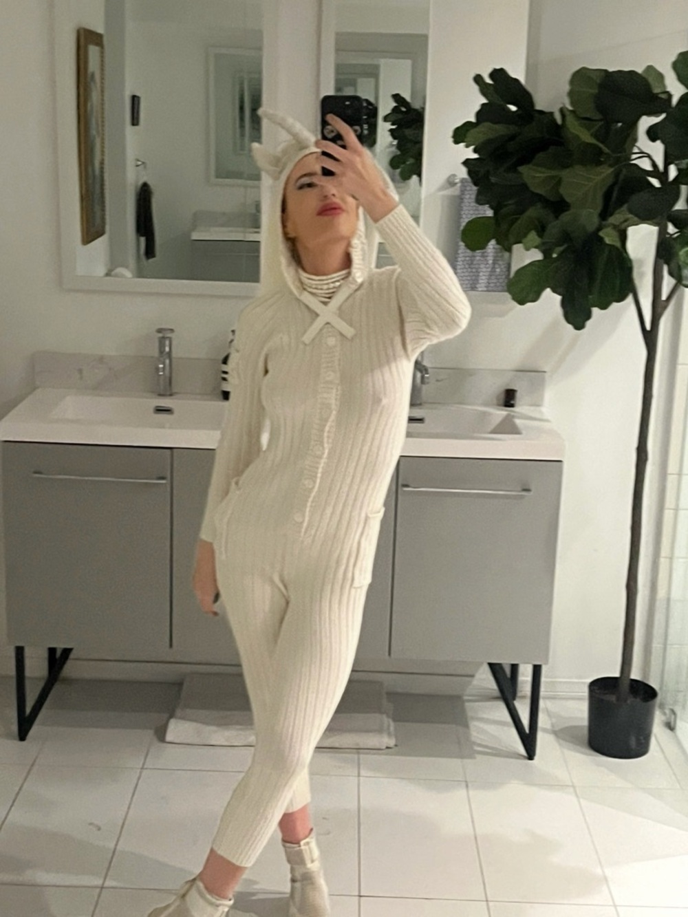 Lamo Cream Ribbed Hooded Onesie with Button Front